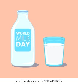 Vector illustration of a glass beaker and bottle of milk on the background. World Milk Day