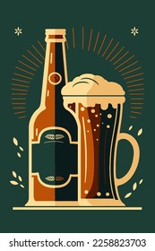 Vector illustration of a glass of beer and a bottle of beer. wall art print poster. wall art print poster