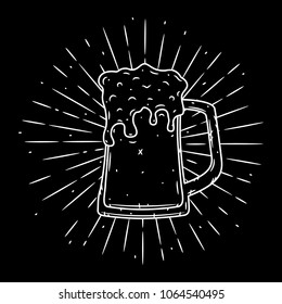 Vector illustration with Glass of beer and divergent rays. Used for poster, banner, web, t-shirt print, bag print, badges, flyer, logo design and more. 