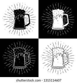 Vector illustration with Glass of beer and divergent rays. Used for poster, banner, web, t-shirt print, bag print, badges, flyer, logo design and more. 