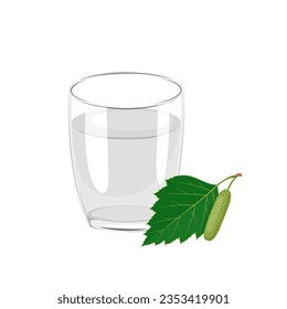 Vector illustration, a glass of birch water or birch sap, water that comes from a Birch tree, isolated on white background.