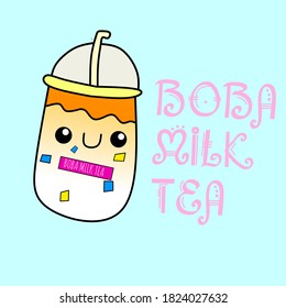 vector illustration of a glass of boba drink with the word "BOBA MILK TEA", which can be used as a logo and icon for the drink content.