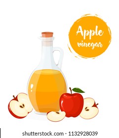Vector illustration of glass bottle apple cider vinegar and red apple. Healthy organic food. Cartoon illustration of salad dressing ingredient in flat style. Great for menu, flyer, banner, kitchen.