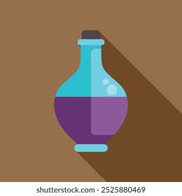 Vector illustration of a glass bottle containing purple potion with bubbles is casting long shadow on brown background