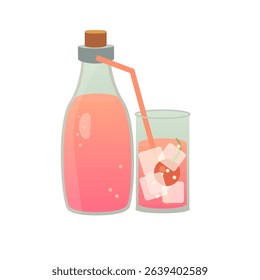 Vector Illustration of Glass Bottle and Cup with Pink Cherry Drink, Ice Cubes and Straw Isolated on White Background