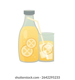 Vector Illustration of Glass Bottle and Cup with Yellow Lemonade, Ice Cubes, Lemon Slices and Straw Isolated on White Background
