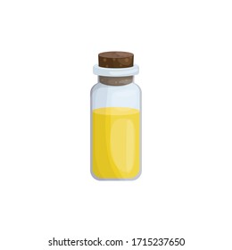 Vektorillustration-Illustration mit Glasflasche ätherischen Öls im Cartoon-Stil. Öl für die apromatherapeutischen Behandlungen und Parfümerzeugung. Symbol für Website-Design, Verpackung