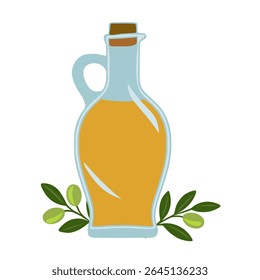 Vector illustration of a glass bottle filled with golden olive oil, adorned with olive branches on a white background, showcasing a minimalist design style.