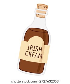 Una Ilustración vectorial de una botella de vidrio llena de licor de nata irlandesa, con un tapón de corcho y una etiqueta vintage limpia.