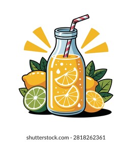 Vector illustration of a glass bottle filled with fresh citrus juice, surrounded by lemons, limes, and oranges.