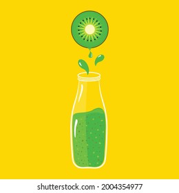 Vektorgrafik der Glasflasche mit grünem Obst und Gemüse Smoothie tropfende Scheibe von saftigen Kiwi auf gelbem Hintergrund. Gesunde Diät Detox Vitamine vegan