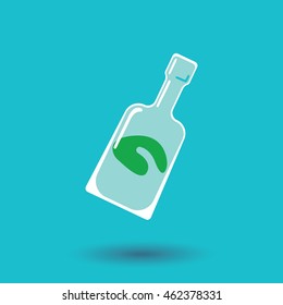 vector illustration of a glass bottle with green organic element on a blue background