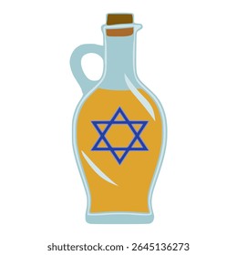 Ilustração vetorial de uma garrafa de vidro com uma alça cheia de óleo dourado e uma estrela azul de David, uma representação simbólica para a celebração do Chanucá.