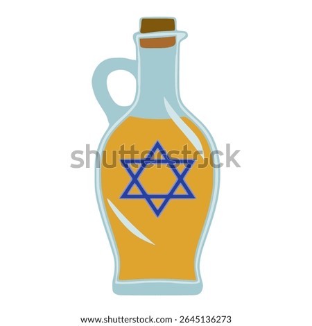 Vector illustration of a glass bottle with a handle filled with golden oil and a blue Star of David, a symbolic representation for Hanukkah celebration.