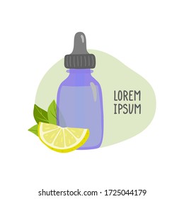 Vector illustration with glass bottle,  lemon, leaves. Packaging design. 