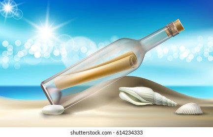 Vector illustration of a glass bottle with a message lying on a sandy beach with seashells and pebbles. Beautiful turquoise poster in a realistic style