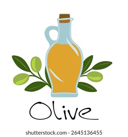 A vector illustration of a glass bottle of olive oil, flanked by olive branches with ripe olives, creating a simple yet elegant design.