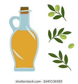 Vector illustration of a glass bottle of olive oil with olive branches and olives, showcasing a minimalist design with muted colors and a focus on natural elements.
