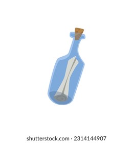 Vector illustration of glass bottle with paper roll inside on white background. Message in the bottle. Pirates symbol. Great illustration for pirate kids books, postcards, decorations.