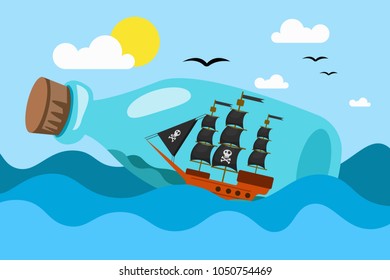 Vector illustration of glass bottle with pirate ship miniature inside floating in water of sea. Eps vector illustration, horizontal image