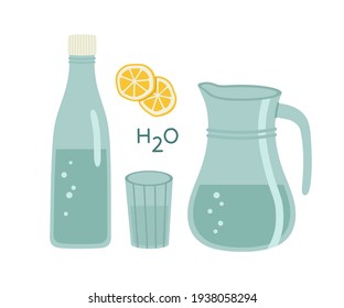 Ilustración vectorial de una botella de vidrio, vidrio con agua y decantador de vidrio. Ilustración dibujada a mano en estilo plano, aislada en blanco. Concepto de estilo de vida saludable, agua potable, cero desperdicios.