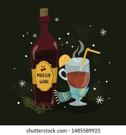 Vector illustration of glass bottle and wineglass with mulled wine in flat design for autumn and winter holidays. 