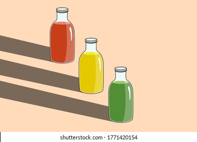 Vektorgrafik von Glasflaschen mit verschiedenen Gemüsefrüchten Beeren grüner gelber Smoothie auf rosafarbenem Hintergrund. Gesunde Diät Detox Vitamine vegan