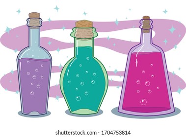 Vector illustration of glass bottles with magic potion inside