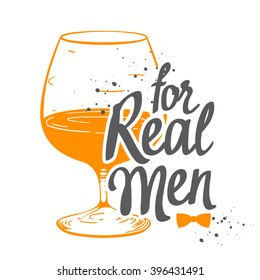 Vector illustration with a glass of brandy. Brush calligraphy elements for your menu design. Handwritten ink lettering. Glass of drink in sketch style.