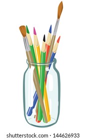 Vector illustration of a glass can with art brushes and colored pencils 