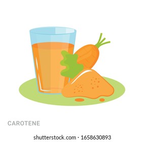 Vector illustration of glass with carrot juice and carotene. Food additive on a white background.