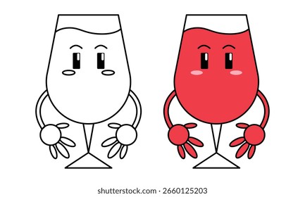 Ilustración vectorial de un personaje de vidrio con agua roja y lindo estilo de arte de línea para niños, libros infantiles o Elementos de diseño