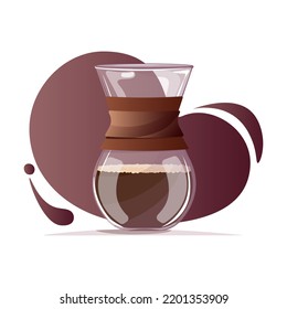 Vector illustration of glass chemex coffee maker with black coffee on dark gradient background. Coffee illustration for banner, website, social media and and postcard