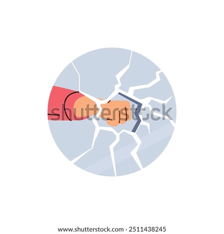 Vector illustration of a glass circle with a fist breaking glass. Round icon representing gender inequality in business, sexism and women's rights. Flat style on isolated background.