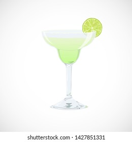 Vector illustration of glass of classic Margarita cocktail isolated on white background. Summer drink with slice of lime for party, design, bar, menu. 