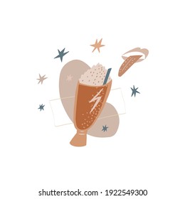 Vector illustration of a glass with coffee cocktail, latte, whipped cream on a white background. The cocktail is surrounded by stars, geometric shapes, a mouth with a tongue. Boho style