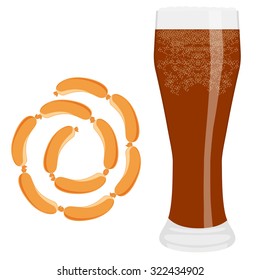Vector illustration of glass of cold beer and sausage chain. Bavarian beer menu. Oktoberfest symbols