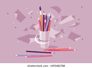 Vector illustration of a glass with colored pencils, paint brushes, on a background of flying paper