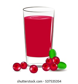 Vector Illustration Of Glass With Cranberry Juice And Cranberry Berry.