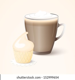 vector illustration glass cup of cappuccino  with cake-eps10