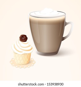 vector illustration glass cup of cappuccino  with cake-eps10