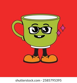 Vector illustration of a glass or cup cartoon character with a unique style, perfect for stickers, icons, logos and advertisements