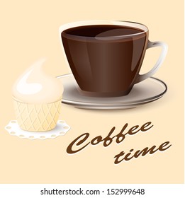 vector illustration glass cup of coffee  with cake-eps10