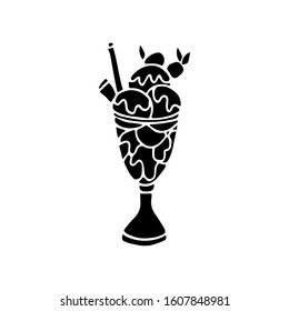  Vector illustration of a glass cup decorated with berries, syrup  and wafer roll  isolated on white background. Hand drawn black icon, logo template, silhouette.