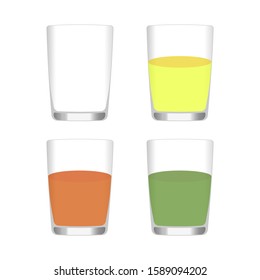 Vector illustration: glass cup, goblet, empty, clean and filled with different colors of liquids - juices. Concept: dishes, glassware, healthy juices from vegetables, herbs, fruits. eps 10.
