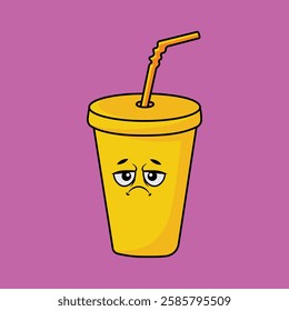 Vector illustration of glass cup and straw cartoon character with unique expression perfect for logos, symbols and advertisements