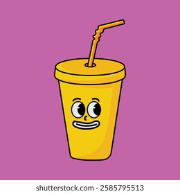 Vector illustration of glass cup and straw cartoon character with unique expression perfect for logos, symbols and advertisements
