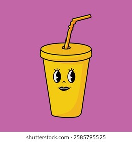 Vector illustration of glass cup and straw cartoon character with unique expression perfect for logos, symbols and advertisements