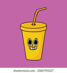 Vector illustration of glass cup and straw cartoon character with unique expression perfect for logos, symbols and advertisements