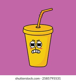 Vector illustration of glass cup and straw cartoon character with unique expression perfect for logos, symbols and advertisements